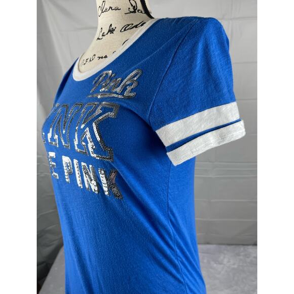 Victory Secret Pink‎ Shirt Women’s Short Sleeve Glitter Blue Jersey Y2K - Picture 4 of 12